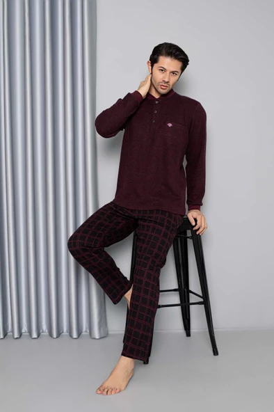 Erkek 3 Düğme Uzun Kol Göğüs Cepli Selanik Kumaş Kışlık Cepli Pijama Takımı