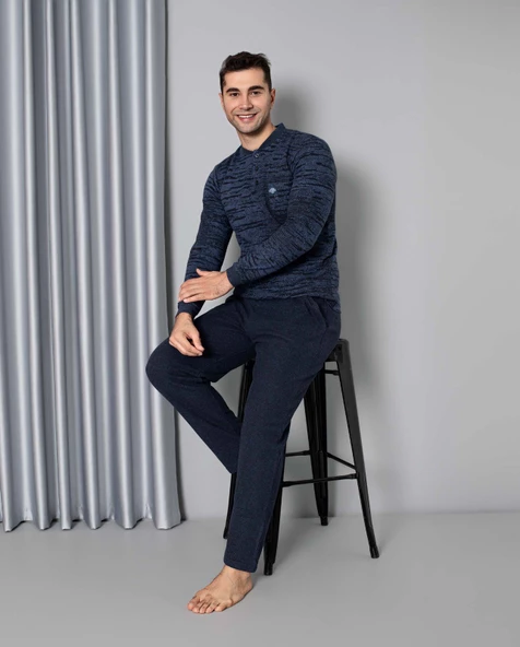 Erkek 3 Düğme Uzun Kol Göğüs Cepli Selanik Kumaş Kışlık Cepli Pijama Takımı - 5