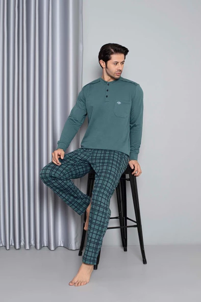 Erkek 3 Düğme Uzun Kol Göğüs Cepli 2 İplik Kışlık Cepli Pijama Takımı - 8