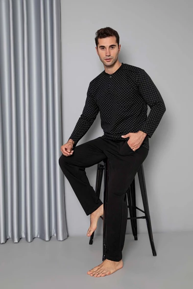 Erkek 3 Düğme Uzun Kol Göğüs Cepli 2 İplik Kışlık Cepli Pijama Takımı