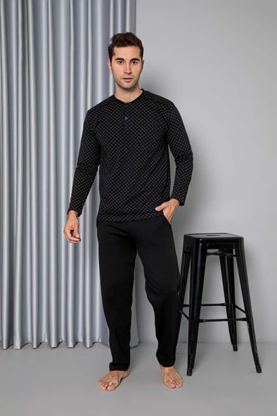 Erkek 3 Düğme Uzun Kol Göğüs Cepli 2 İplik Kışlık Cepli Pijama Takımı - 3