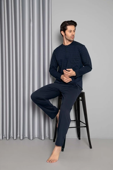 Erkek 3 Düğme Uzun Kol Göğüs Cepli 2 İplik Kışlık Cepli Pijama Takımı - 5