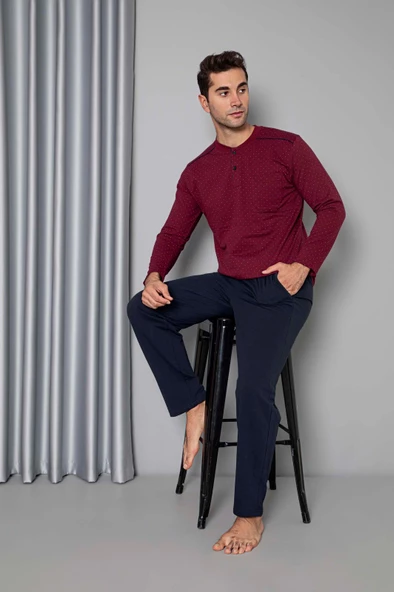 Erkek 3 Düğme Uzun Kol Göğüs Cepli 2 İplik Kışlık Cepli Pijama Takımı - 4