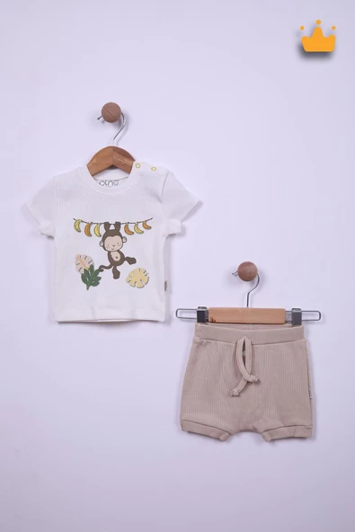 Babyhola %100 Pamuk Maymun Baskı Kaşkorse Şortlu Takım 3483 - 5