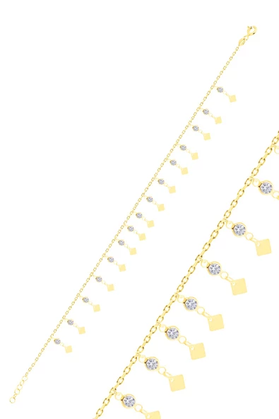 Gümüş altın yaldızlı zirkon taşlı çift sıra dilim pullu halhal SGTL10540GOLD ürün görseli