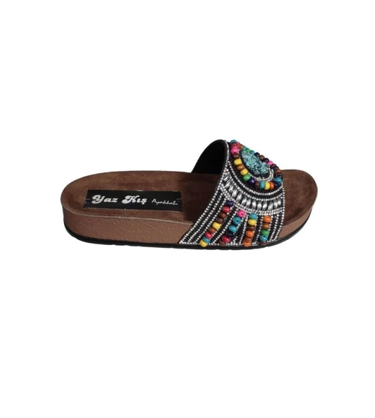 YAZKIŞ Kadın Siyah Üzeri Renkli Boncuklu Taşlı Terlik - Resim 2