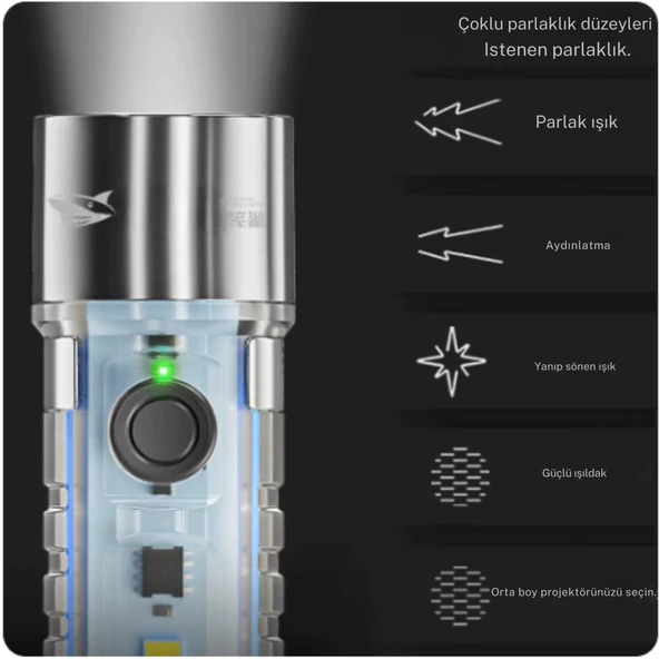 2500 lümen 7 farklı ışık şiddetine sahip kancalı flaşörlü ultra güçlü mini cep el feneri - 5