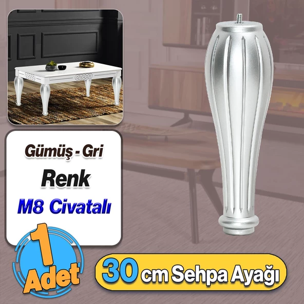 Pırlanta Plastik Sehpa Ayağı 30 cm Gümüş Renk 1 Adet Mobilya Orta Sehpası M8 Civatalı Ayak Ayaklar ürün görseli