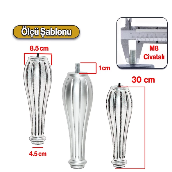 Pırlanta Plastik Sehpa Ayağı 30 cm Gümüş Renk 4 Adet Mobilya Orta Sehpası M8 Civatalı Ayak Ayaklar - 3