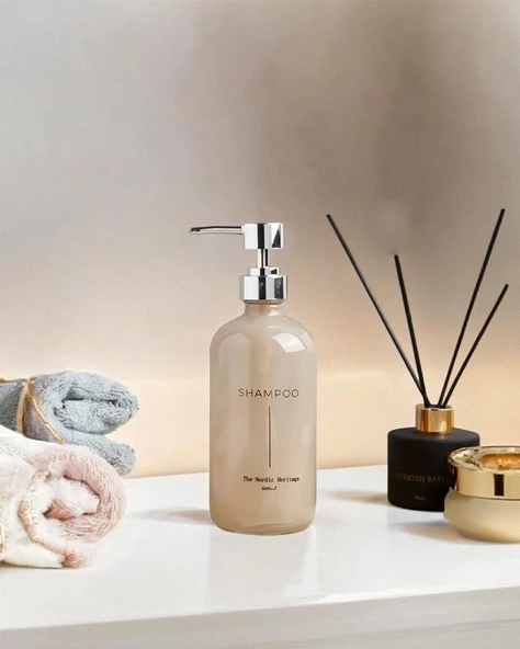 Büyük Boy Cam Sıvı Sabunluk - Dekoratif Cam Şampuanlık - 500 ML - 21x7 - 2