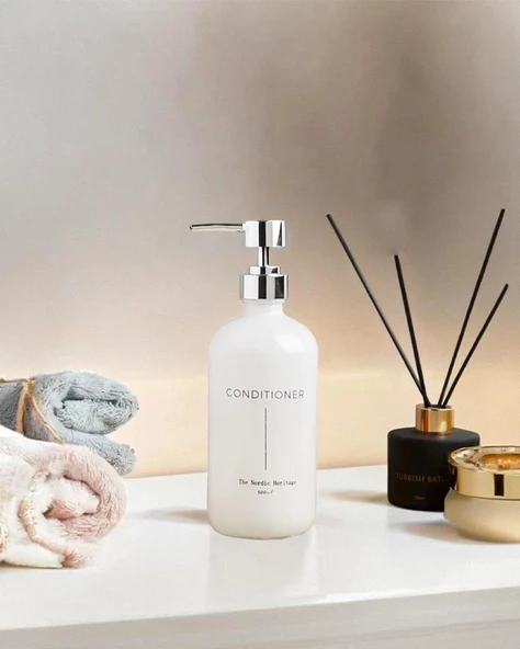 Büyük Boy Cam Sıvı Sabunluk - Dekoratif Cam Şampuanlık - 500 ML - 21x7 - 3