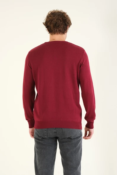 Erkek Desenli Sıfır Yaka Kazak Bordo - 6