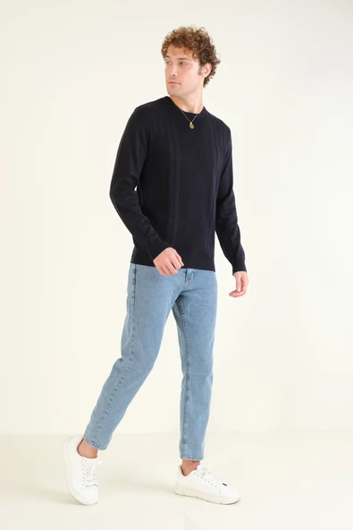 Erkek Desenli Sıfır Yaka Kazak Lacivert - 5