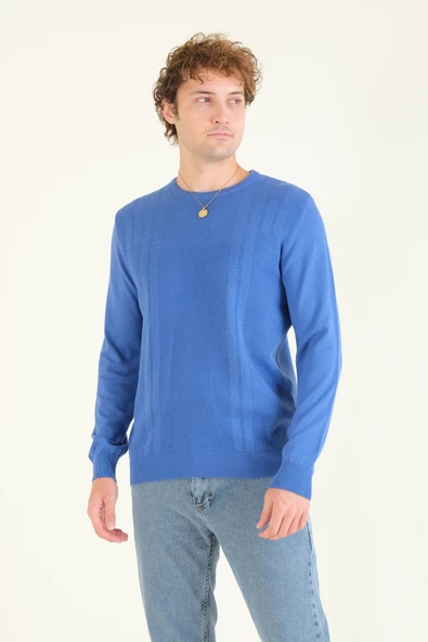 Erkek Desenli Sıfır Yaka Kazak Saks Mavi - 4