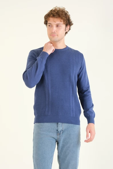 Erkek Desenli Sıfır Yaka Kazak İndigo