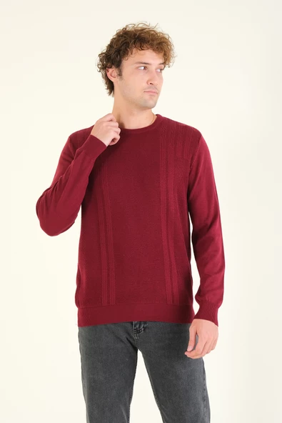 Erkek Desenli Sıfır Yaka Kazak Bordo - 2