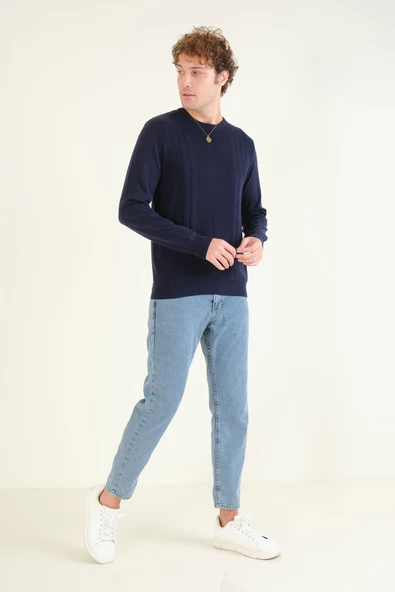 Erkek Desenli Sıfır Yaka Kazak Koyu Mavi - 5