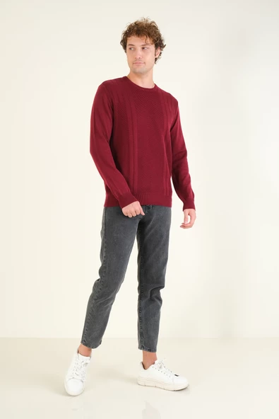 Erkek Desenli Sıfır Yaka Kazak Bordo - 5