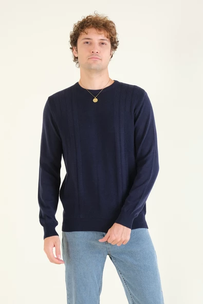 Erkek Desenli Sıfır Yaka Kazak Koyu Mavi