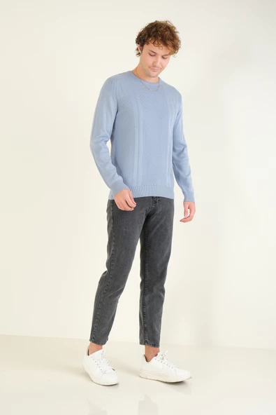 Erkek Desenli Sıfır Yaka Kazak Mavi - 5