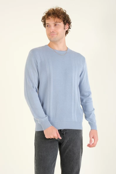 Erkek Desenli Sıfır Yaka Kazak Mavi - 4