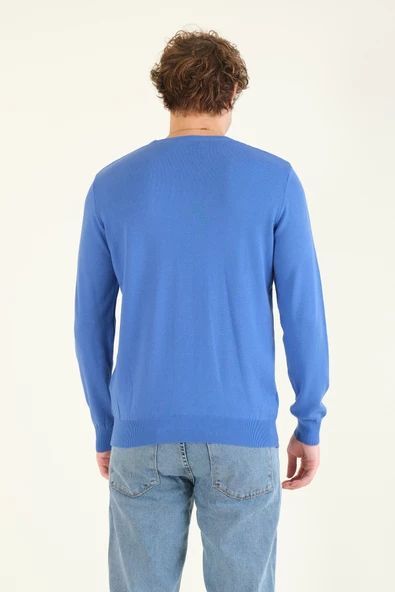 Erkek Desenli Sıfır Yaka Kazak Saks Mavi - 6