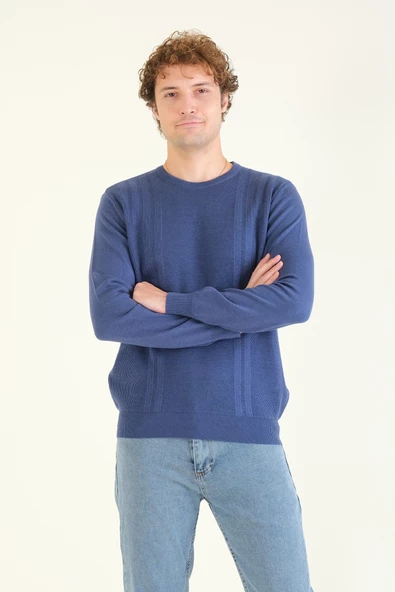 Erkek Desenli Sıfır Yaka Kazak İndigo - 2