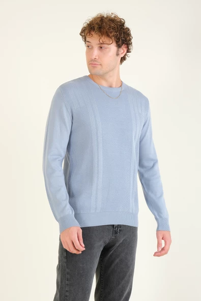 Erkek Desenli Sıfır Yaka Kazak Mavi