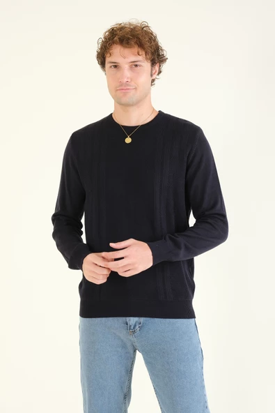 Erkek Desenli Sıfır Yaka Kazak Lacivert - 2