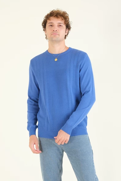 Erkek Desenli Sıfır Yaka Kazak Saks Mavi - 3