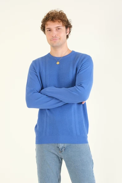 Erkek Desenli Sıfır Yaka Kazak Saks Mavi - 2