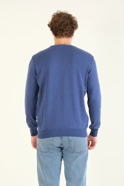 Erkek Desenli Sıfır Yaka Kazak İndigo - 6