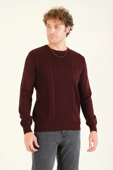 Erkek Desenli Sıfır Yaka Kazak Mürdüm