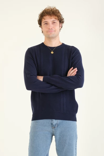 Erkek Desenli Sıfır Yaka Kazak Koyu Mavi - 3