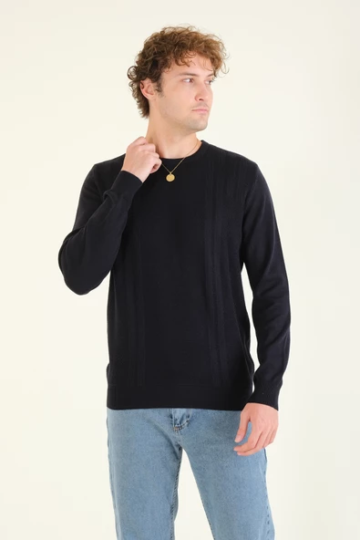 Erkek Desenli Sıfır Yaka Kazak Lacivert - 4