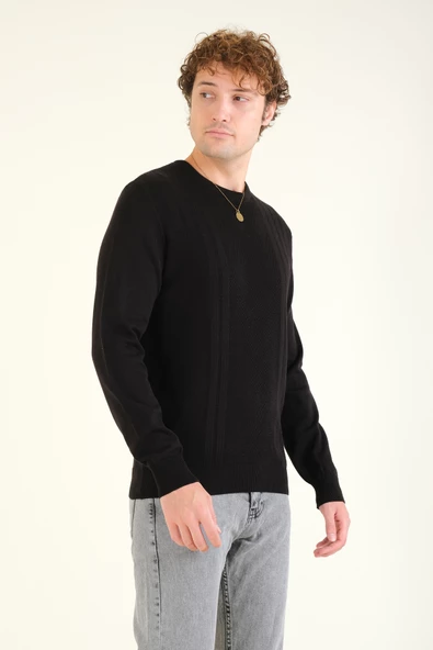 Erkek Desenli Sıfır Yaka Kazak Siyah - 4