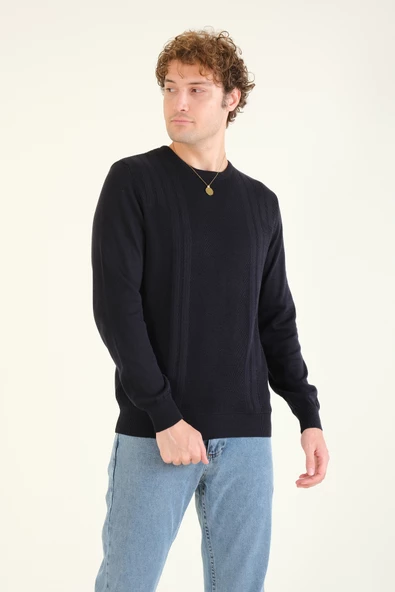 Erkek Desenli Sıfır Yaka Kazak Lacivert