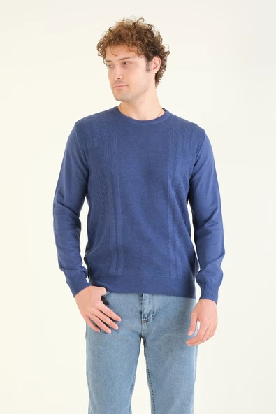 Erkek Desenli Sıfır Yaka Kazak İndigo - 3