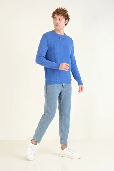 Erkek Desenli Sıfır Yaka Kazak Saks Mavi - 5