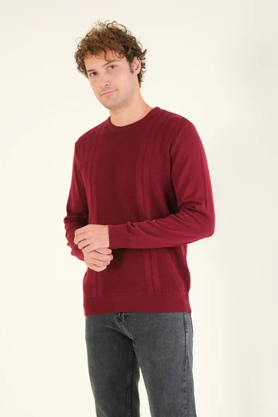 Erkek Desenli Sıfır Yaka Kazak Bordo - 3