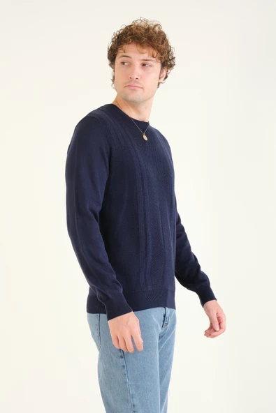 Erkek Desenli Sıfır Yaka Kazak Koyu Mavi - 2