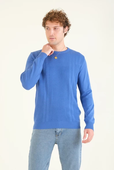 Erkek Desenli Sıfır Yaka Kazak Saks Mavi