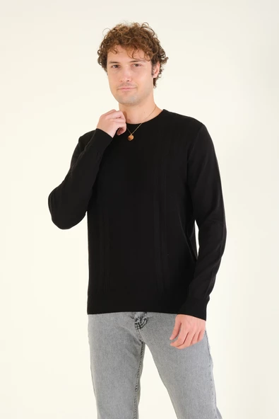 Erkek Desenli Sıfır Yaka Kazak Siyah - 3