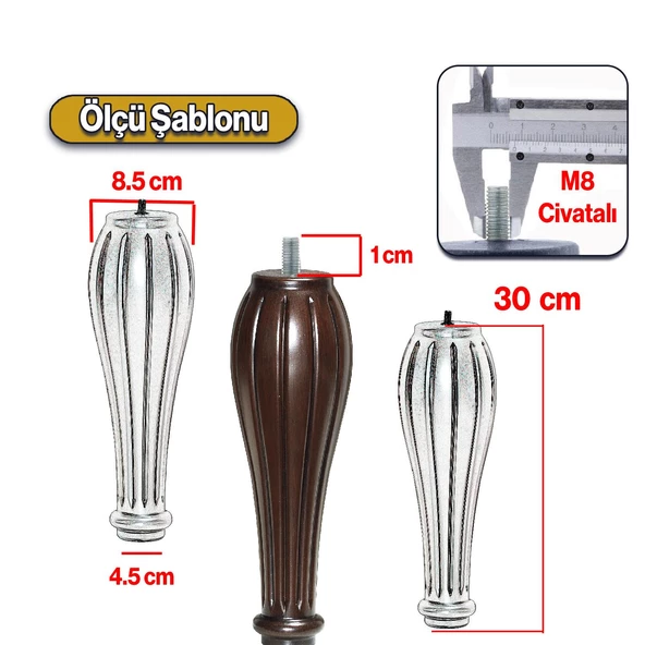 Pırlanta Plastik Sehpa Ayağı 30 cm Ahşap Desen 4 Adet Mobilya Orta Sehpası M8 Civatalı Ayak Ayaklar - 2