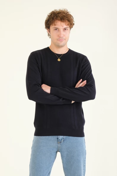 Erkek Desenli Sıfır Yaka Kazak Lacivert - 3