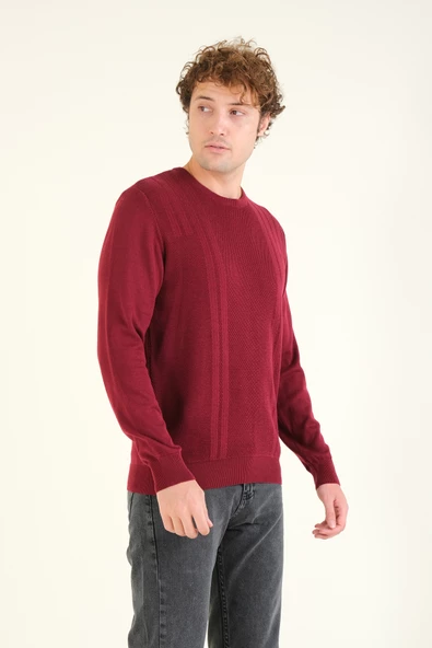 Erkek Desenli Sıfır Yaka Kazak Bordo - 4