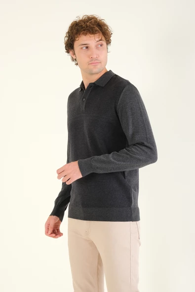 Erkek Desenli Polo Yaka Kazak Antrasit - 4