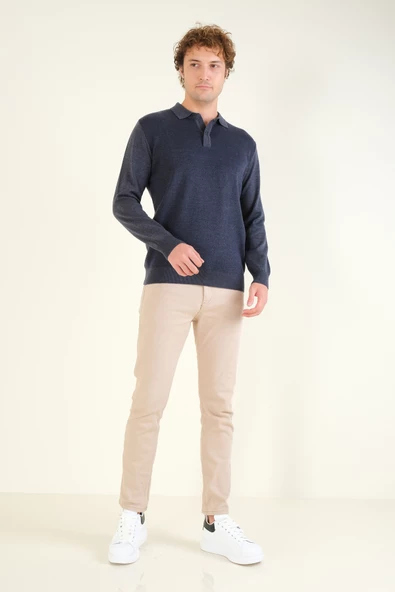 Erkek Desenli Polo Yaka Kazak İndigo - 5