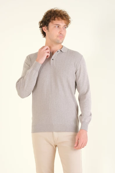 Erkek Desenli Polo Yaka Kazak Vizon - 5