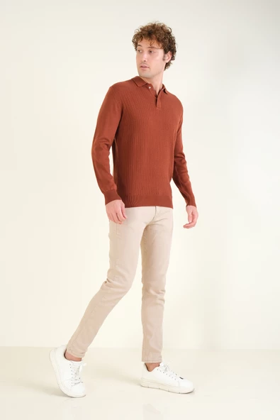 Erkek Desenli Polo Yaka Kazak Kiremit - 5